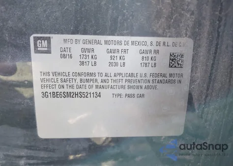 2017 Chevrolet Cruze Lt Auto from USA, damaged, VIN 3G1BE6SM2HS521134